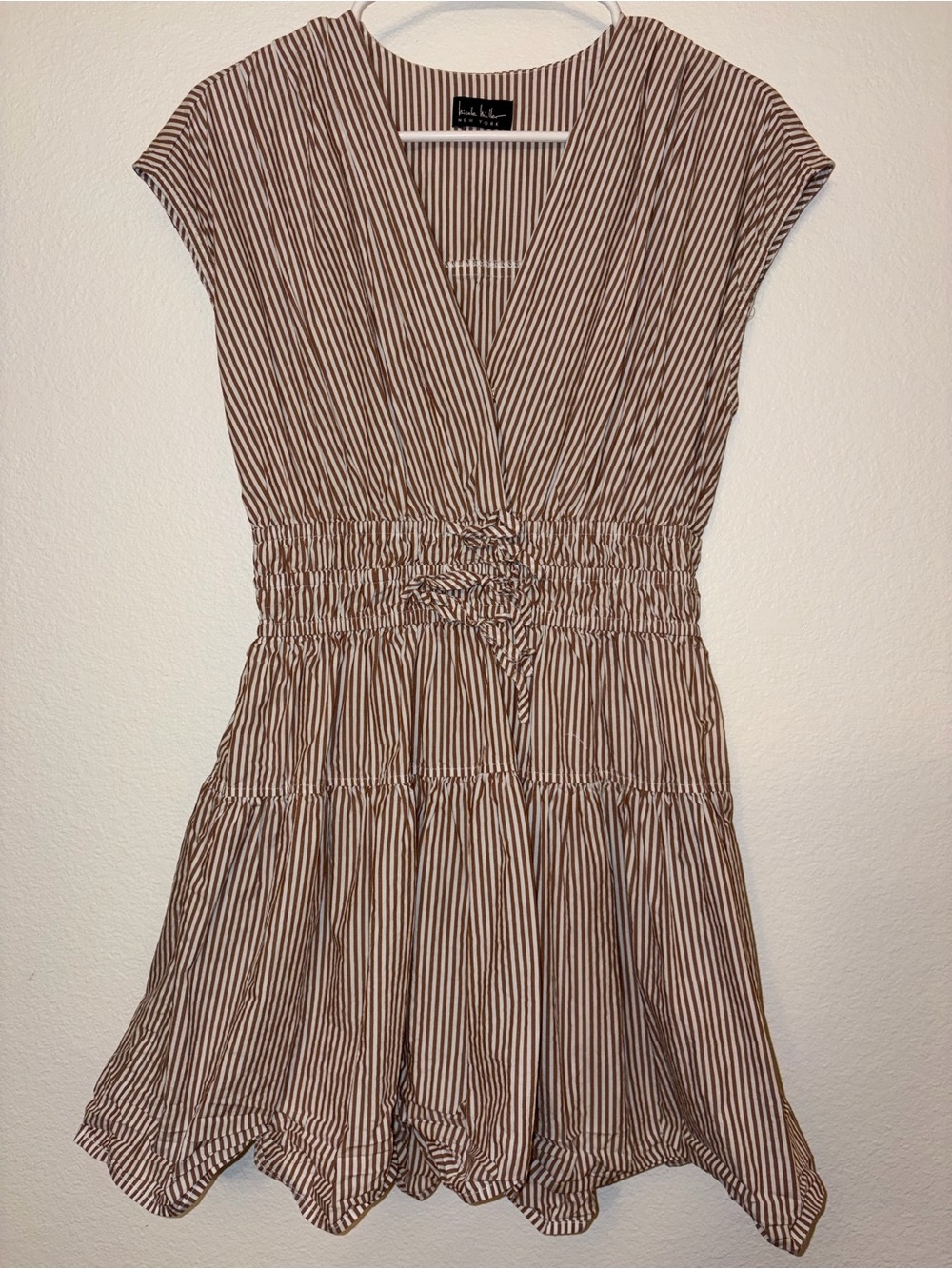 Nicole Miller Brown White Striped V-Neck Tiered Romper Dress Cap Sleeve Smocked